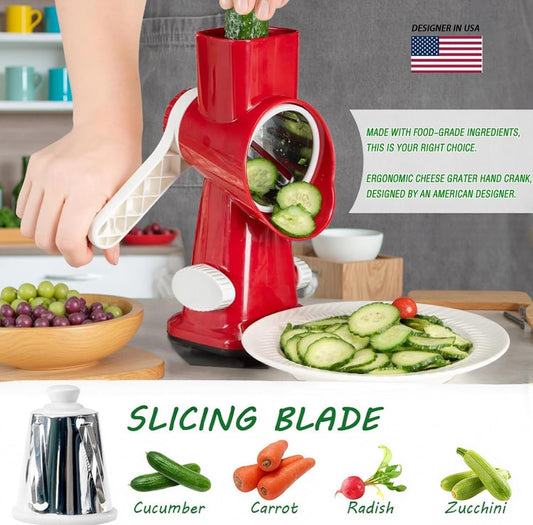 Cheese Grater with Handle, Multifunctional Manual Rotary Cheese Grater - Cheese Shredder Easily Chop Carrots, Potatoes, Vegetables and Fruits and Easy to Clean (Red)