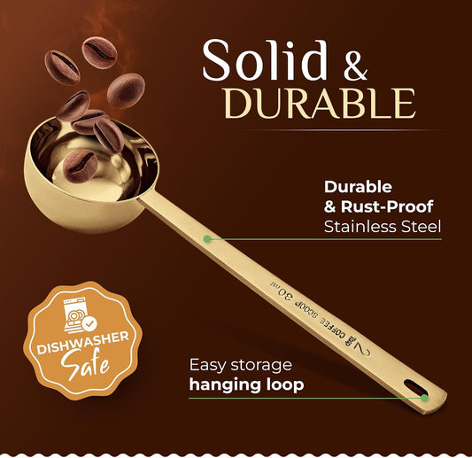 Premium Coffee Scoop Set - 1 Tbsp (15ml) & 2 Tbsp (30ml) Measuring Tablespoon - Stainless Steel Coffee Measuring Spoon and Scooper with Long Handles - Pack of 2 - Gold