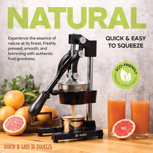 Ultra-Premium Cast Iron Juicer | Extra-Large, Heavy Duty, Commercial Grade, Stainless Steel Manual Hand Press Citrus Squeezer For Fresh Orange Juice, Pomegranate, Lemon, and Much More (Black)