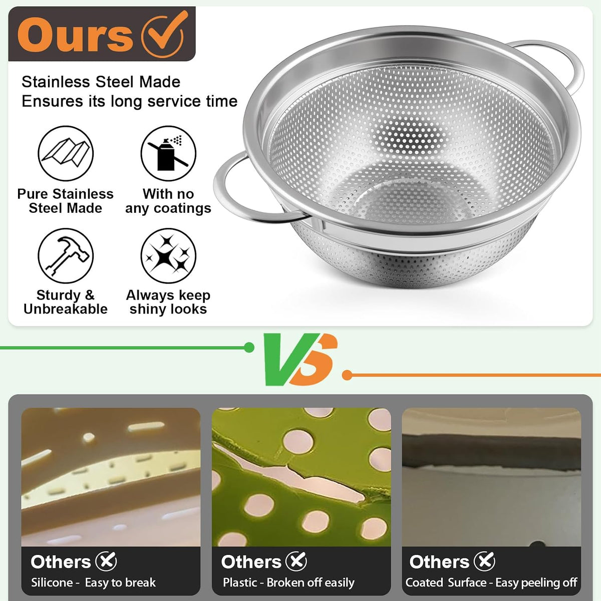 3 Quart Colander Strainer Stainless Steel Kitchen, 1PC