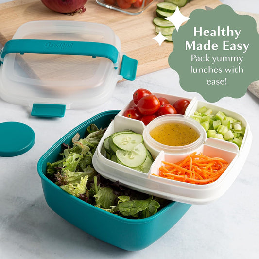 Stackable Lunch Box Container, Bento Style Food Storage with Removeable Compartments for Sandwich, Snacks, Toppings & Dressing, Leak-Proof and Made without BPA, 56-Ounce, Teal