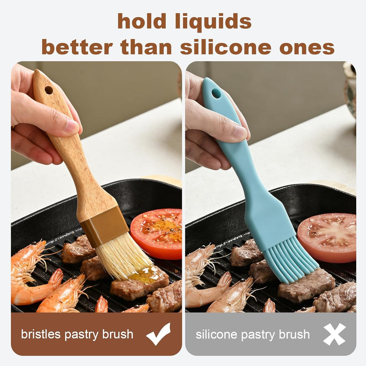 Pastry Brush, Natural Bristle Basting Brush for Cooking and Baking, Premium BBQ Brushes for Butter, Oil, Egg, Sauce, Turkey, Marinade and Kitchen Food