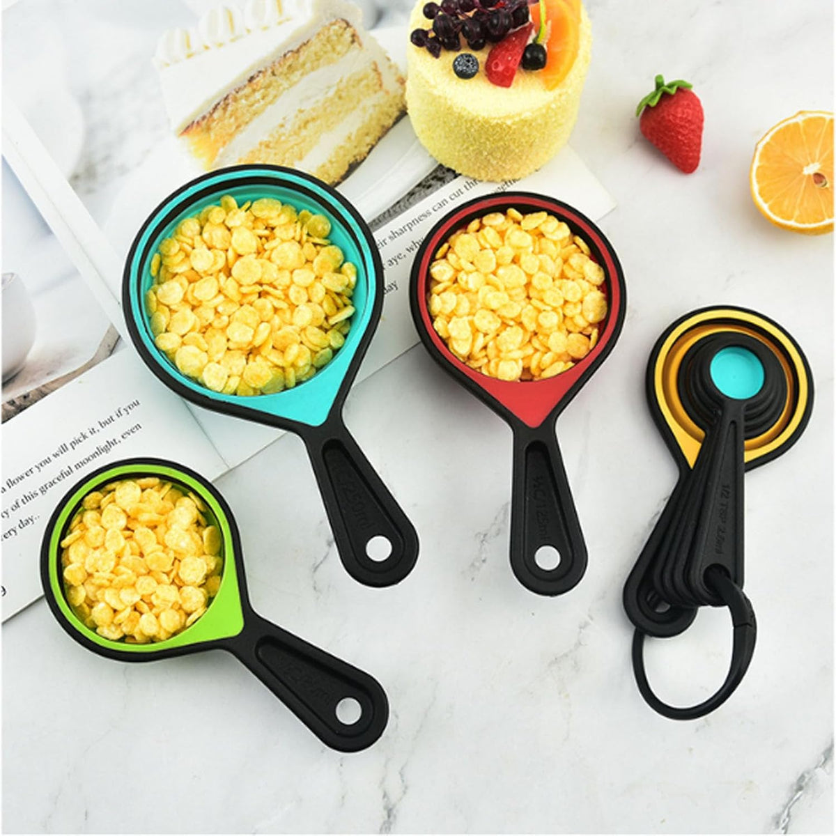 8pcs Collapsible Silicone Measuring Cups and Spoons Set Adjustable Measuring Cup Camper Kitchen Accessories Measure Cups and Spoons Set, 1/4-1, vion1