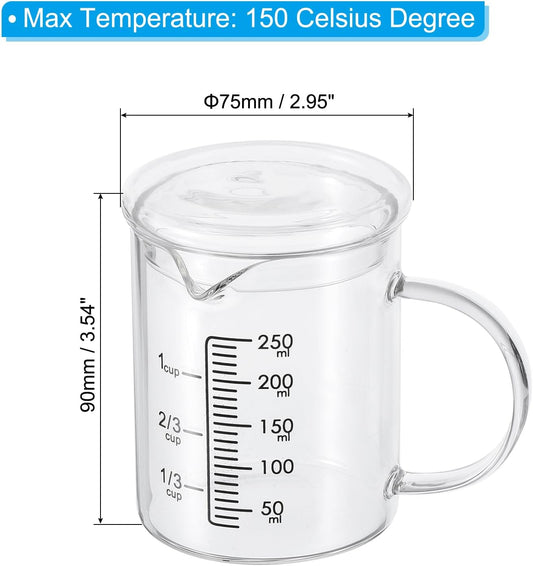 250ml Glass Measuring Cup, 3.3 Borosilicate Graduated Black Printed Scale Liquid Measure Cups Beaker with Glass Lid and V-Shaped Spout for Kitchen