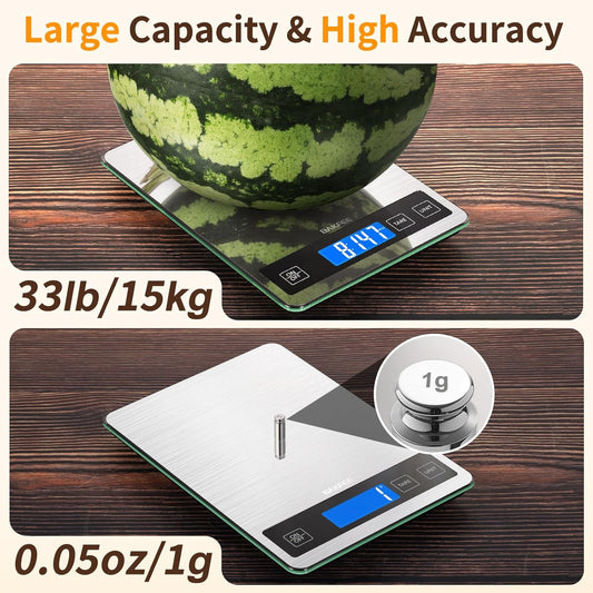 Rechargeable Food Scale, 33lb Kitchen Scale with 1g Precision, Black | Premium Stainless Steel & Tempered Glass, Splash-Resistant Sturdy Surface, USB-C or Batteries, for Cooking, Baking, Meal Prep