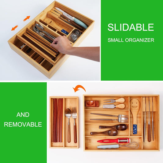COIWAI Double Layer Bamboo Drawer Organizer Cutlery Utensil Silverware Drawer Organizer, cutlery Silverware Tray for Drawer, Utensil Holder Drawer Dividers for Flatware (L: 16.85 × 12.2 in)