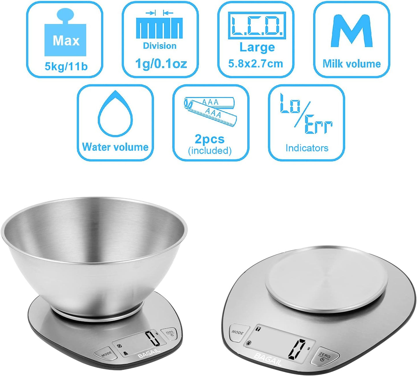 BAGAIL Digital Kitchen Food Scale with Stainless Steel Bowl, 11lb/5kg | 7 Weight Units, Large Clear Display, Gram Scale, For Baking & Cooking, Wet and Dry Ingredients, Batteries Included