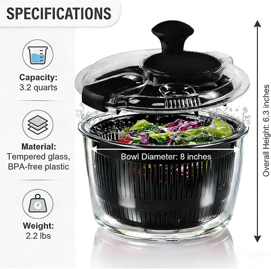 3.2 Qt Glass Salad Spinner, Small Vegetable Dryer with Transparent Lid, Crank Handle Quick Spin Greens Washer for Lettuce, Herbs, Fruits Cleaner, Tosser, Drain, Microwave Safe, Dishwasher Safe
