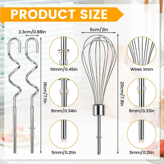 3 Pcs Hand Mixer Attachments for KitchenAid Hand Mixers, Stainless Steel KHMPW Egg Beater and KHM512 Dough Hooks Compatible with KHM3 KHM5 KHM7 KHM9 Series