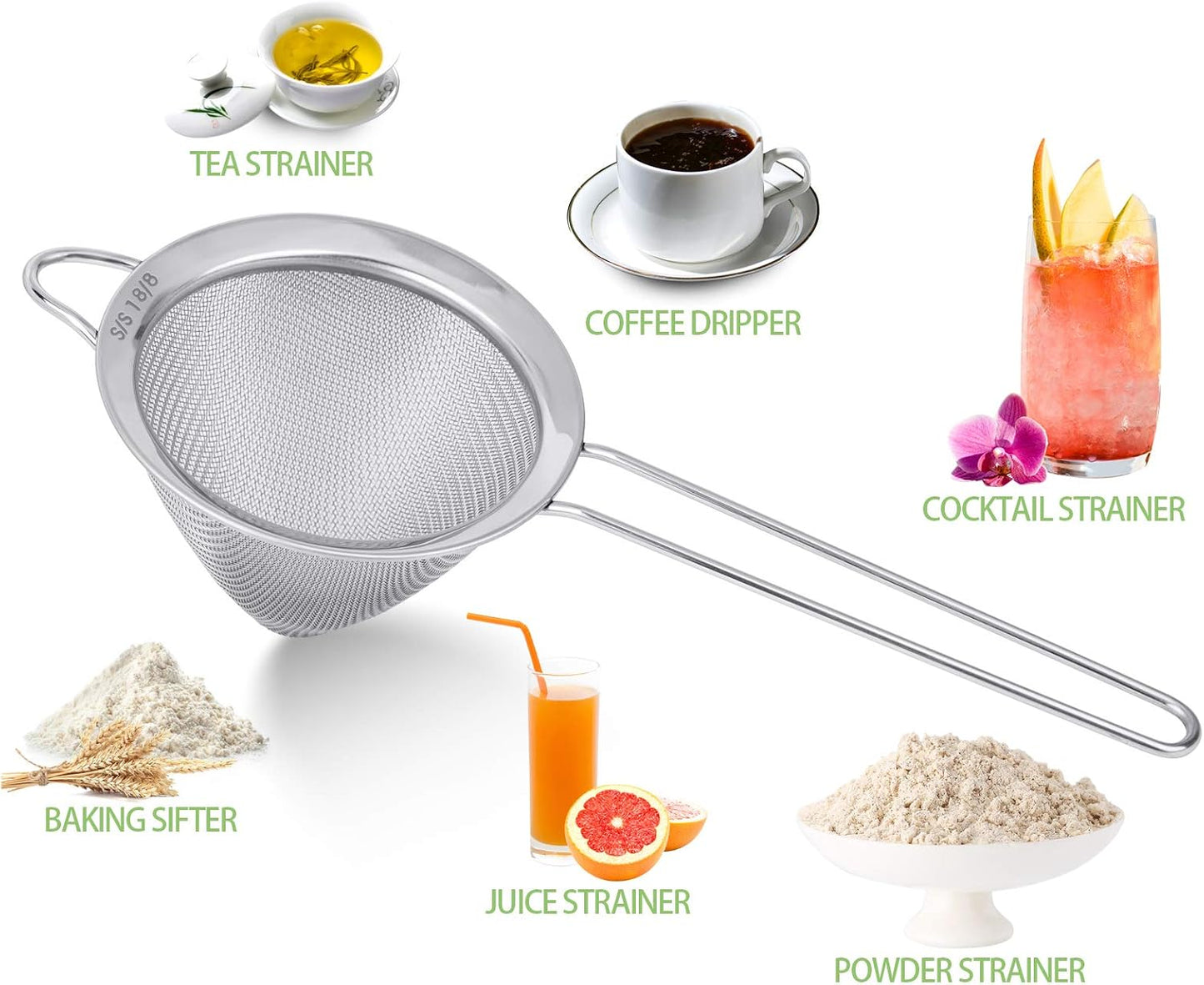 2 Pack Stainless Steel 18/8 Small Food Strainer, Fine Mesh Sieve with Long Handle, Cocktail Strainer For Cocktails, Tea Herbs, Coffee & Drinks, Rust Proof & Great as Tea Strainer, 3.5inch