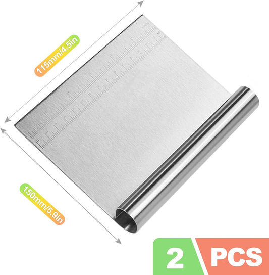 2-Pack Stainless Steel Bench Scraper – Durable Dough Cutter with Built-In Measuring Ruler (Multipurpose Tool for Pizza, Cake, Baking & Pastry Work, Easy to Clean)