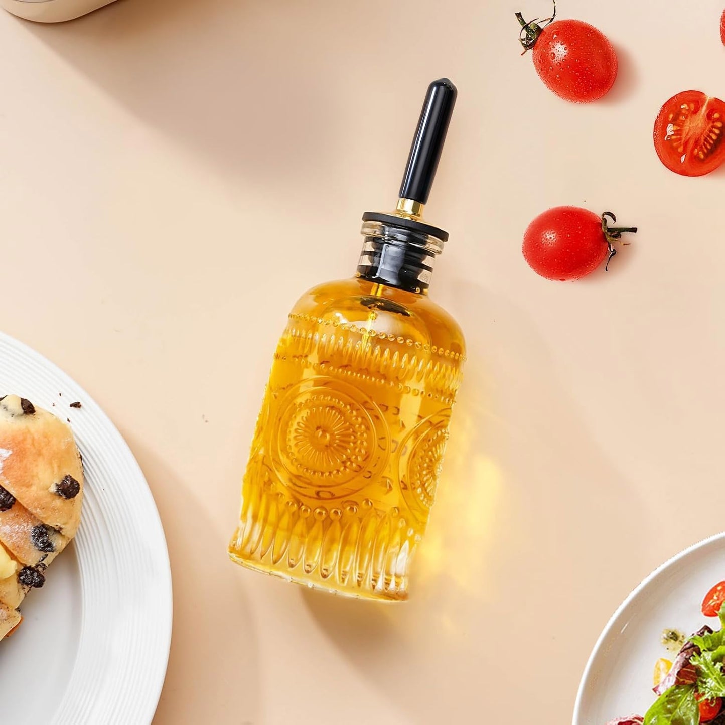 Olive Oil Dispenser Bottle for Kitchen with Metal Spout, Glass Oil Bottles 7OZ, Elegant Glass Cooking Oil Dispenser for Kitchen-2pcs