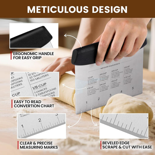 Dough Scraper Set with 2 Flexible Bowl Scrapers - Stainless Steel Dough Cutter & Bench Scraper with Measuring Scale - Versatile Kitchen Scraper for Bread, Pastry, Pizza, Cake - Black & Green