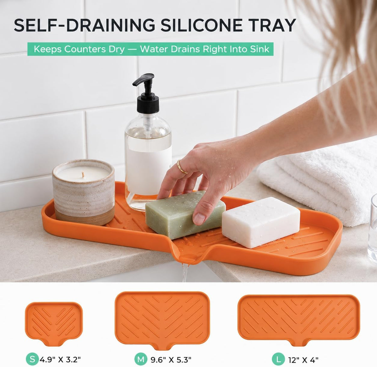 Silicone Soap Dish with Drain Spout, Self-Draining Sink Organizer Tray for Bathroom and Kitchen, Sponges, Dispensers and Soap Holder, Non-Slip and Dishwasher Safe, Black (Compact, 4.9"×3.2")