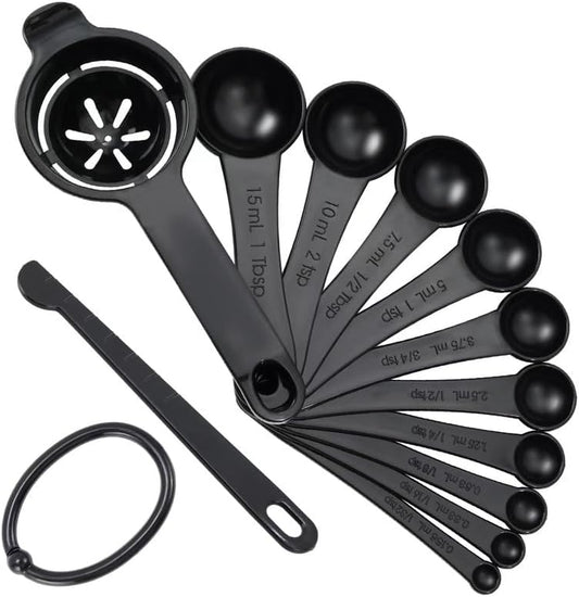 Measuring Spoons, Plastic Measuring Spoons Set with Egg Separator 12-Piece,Black