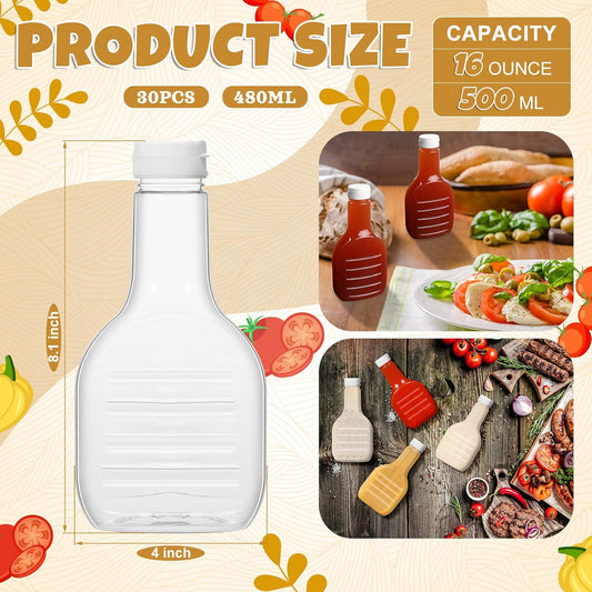 30 Pack 16oz Clear Plastic Salad Dressing Bottles Bulk Empty Squeeze Bottle with White Flip Top Cap for BBQ Condiment Sauce Ketchup Salad Dressing