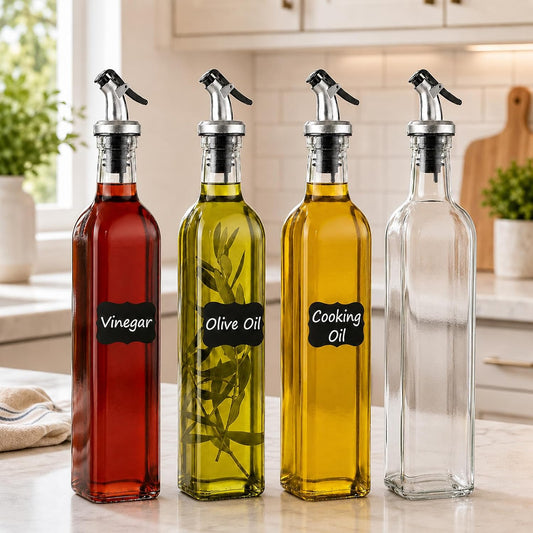 Olive Oil Dispenser Bottle 4Pack, 17oz Oil and Vinegar Dispenser Set, Glass Oil Dispenser for Kitchen with 4 Plastic Pourer, 2 Stainless Steel Funnel, 1 Pen and 8 Label for Kitchen