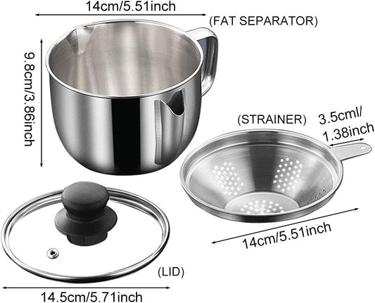 Stainless Steel Fat Separator 1L/4 Cup, Gravy Grease Separator with Strainer and Glass Lid, Soup Oil Separator Cup, Oil Soup Separator with Handle, Oil Filter Pot for Kitchen