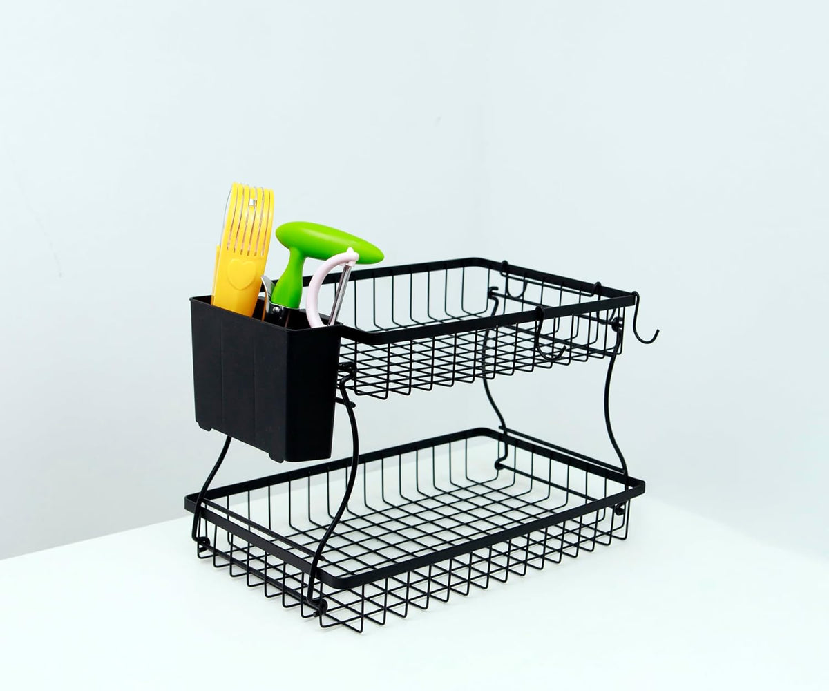 2 Tier Fruit Basket with Banana Hanger & Utensil Pocket – Metal Kitchen Counter Organizer for Fruits, Vegetables, Bread & Snacks + 3 Tools (Apple Corer, Banana Slicer, Peeler) – Perfect for Kitchen