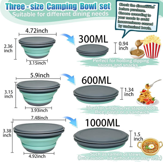 Collapsible Camping Bowl with Lid, Foldable Food Container | 3 Pcs Silicone Salad Bowl with Tableware,Soup Ramen Serving for Travel, RV, Picnic & Hiking, Microwave & Fridge Safe,Blue