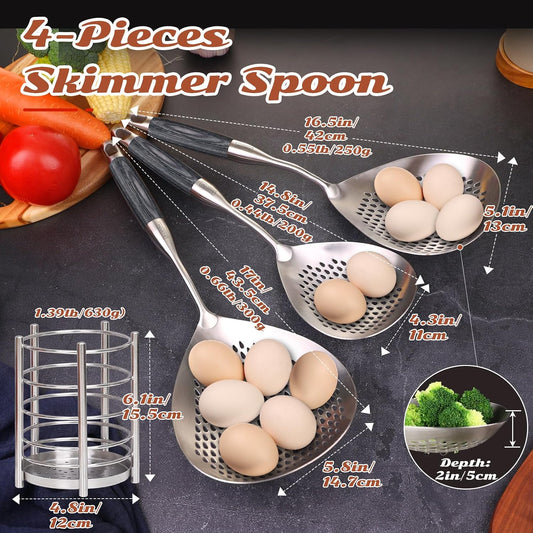 Skimmer Slotted Spoon Set of 4 - Kitchen Pasta Strainer Spoon - Spider Strainer Skimmer Ladle Spoon with Holder for Cooking and Frying Food, Spaghetti, Vegetable, Dumpling - 14.8In,16.5In,17In
