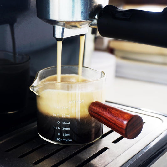 2 PCS Double Spouts Measuring Triple Pitcher Milk Cup with Wood Handle 75ML Espresso Shot Glasses Parts Clear Glass