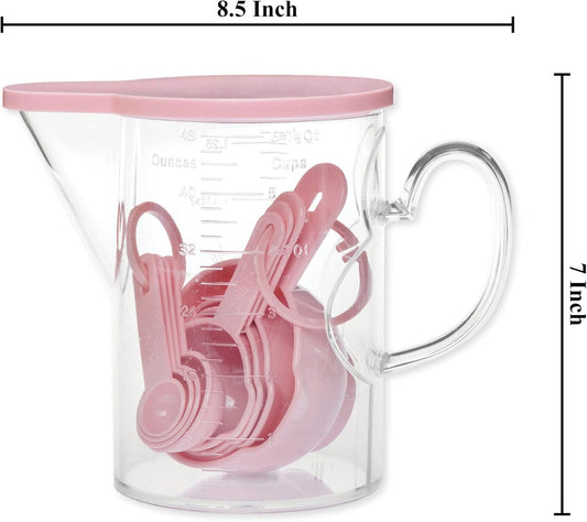 Measuring Cups and Measuring Spoons Set of 10 Pieces, Plastic Multi-Purpose Home Essentials Cooking, and Baking Tools BPA Free Dishwasher Safe for Liquid and Dry (Pink)