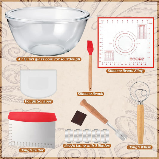 7 Pcs 4.7 Quart Large Glass Bowl for Sourdough Bread Starter Mixing Bowl for Sourdough Bread with Lid Sour Dough Baking Supplies Clear Proofing Container Sour dough Making Tool