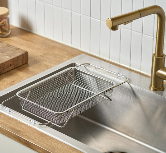 Extendable Dish Rack with Feet, Vegetable Colander Basket, Stainless Steel Dish or Silverware Drying Rack, Ultimate Kitchen Organizer Over the Sink (11.81 x 8.27 x 2.76 Inches)