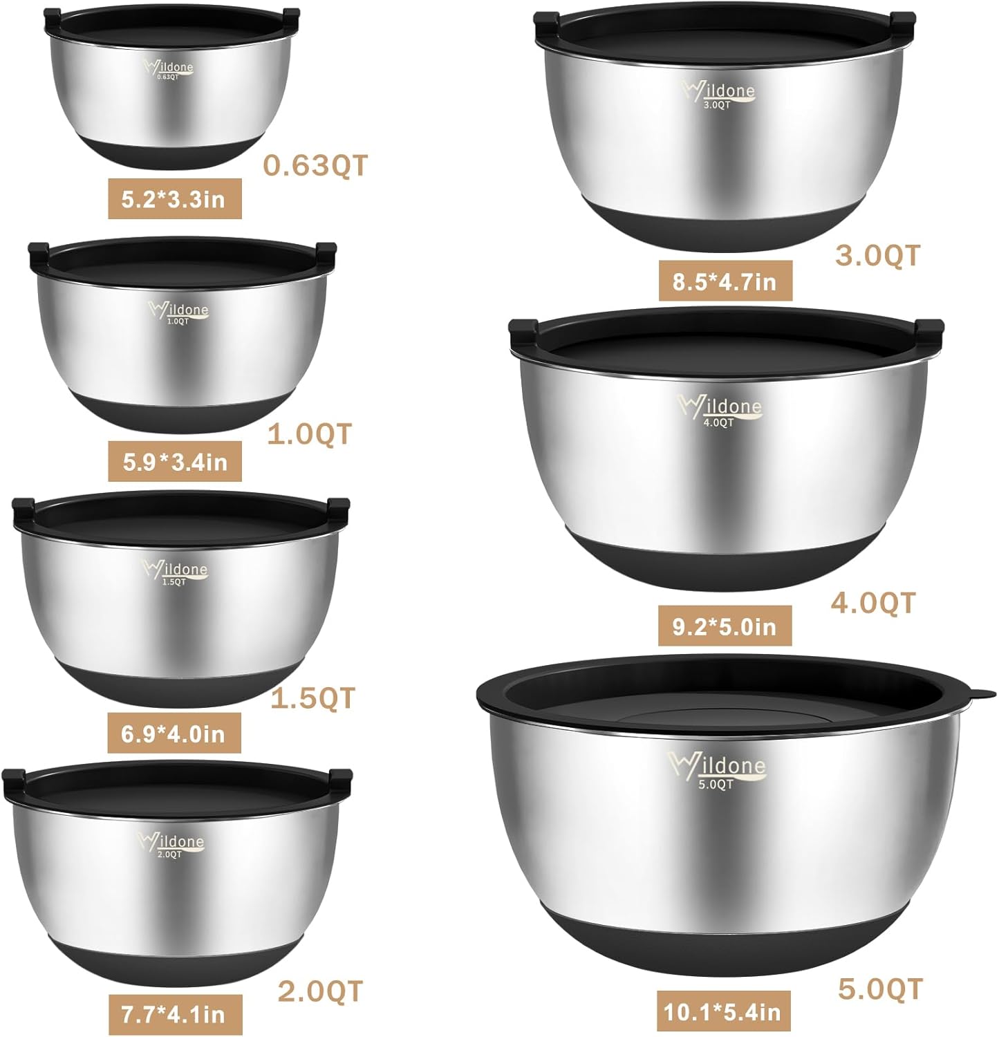 Mixing Bowls with Airtight Lids, 27 PCS Stainless Steel Nesting Bowls, with 3 Grater Attachments, Scale Mark & Non-Slip Bottom, Size 5, 4, 3, 2, 1.5, 1, 0.63QT, Ideal for Mixing & Prepping