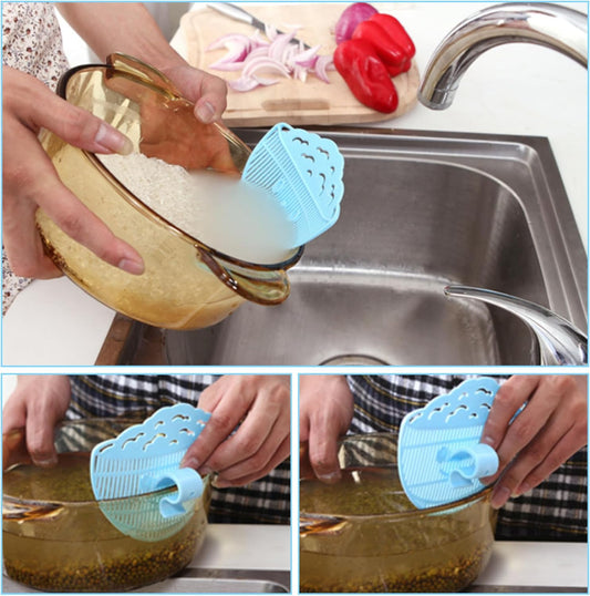 Clip on Strainer 4x5 Inch Food Grade PP "Rice in Bowl" Clip on Strainer for Pots with Smiling Expression for Rice/Noodle/Fruit/Vegetable Washing