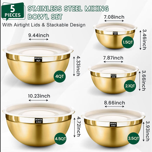 5PCS Mixing Bowls with Lids Set - 5 Stainless Steel Mixing Bowls, Dishwasher Safe, Ideal for Baking & Meal Prep, Stackable Design for Easy Storage