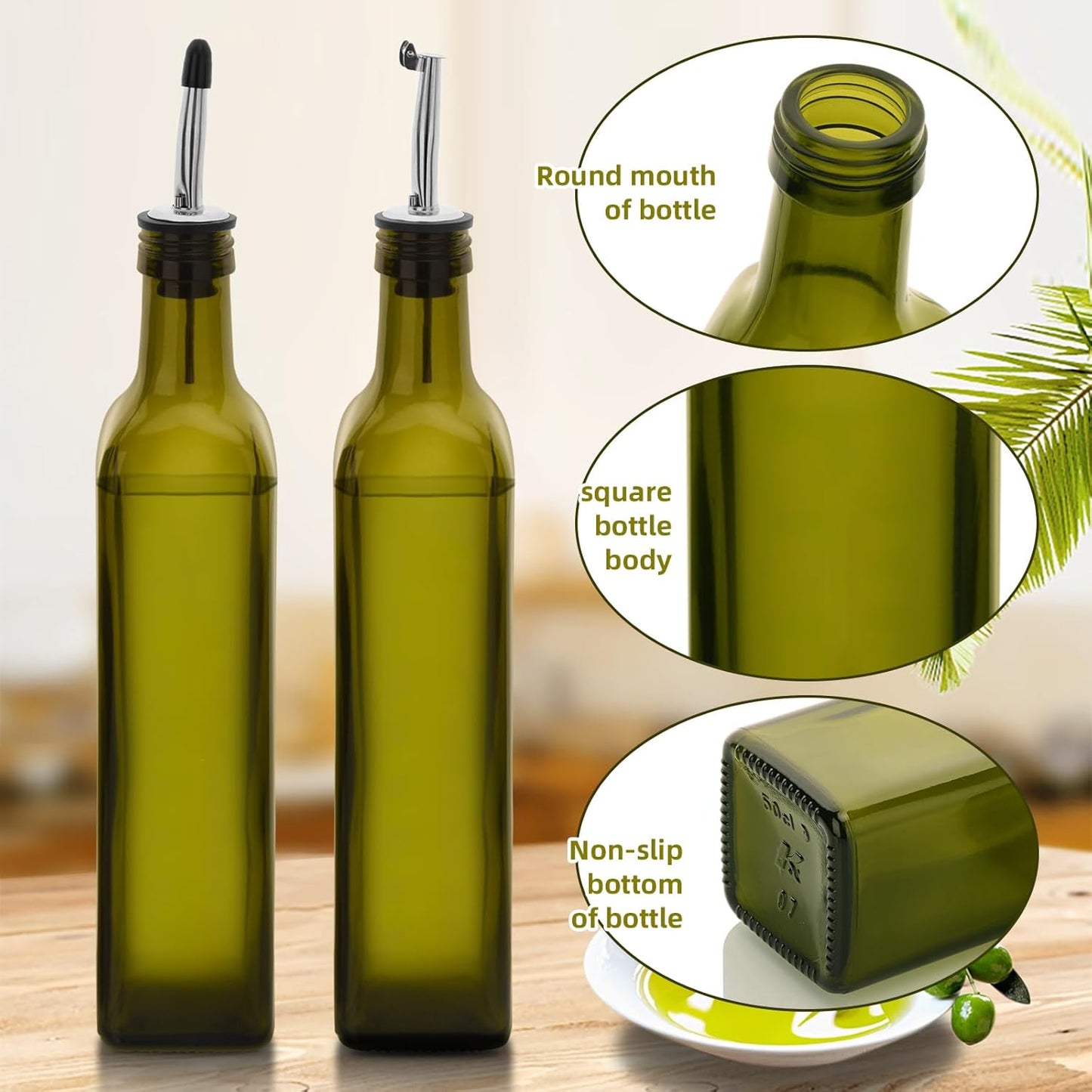 17oz 4 Pcs Olive Oil Dispenser Bottle,500ml Glass Oil and Vinegar Dispenser Set with 4 Stainless Steel Pourers, 8 Labels,Funnel Oil Bottles for Kitchen (Brown)
