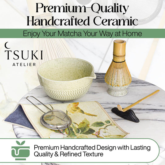 7 Pcs Matcha Whisk Set – Matcha Kit - Ceramic Bowl, Bamboo Whisk & Holder, Scoop, Sifter, Scoop Rest & Tea Towel – Elegant Matcha Kit for Tea Lovers, Home Decor & Zen Spaces (Green)