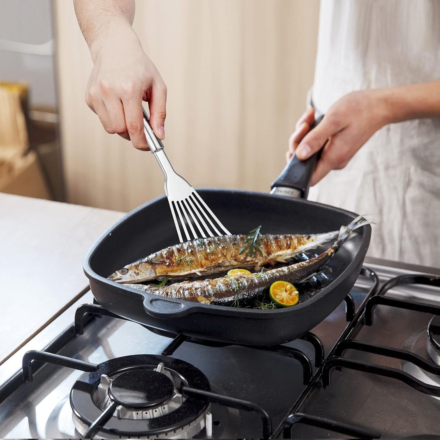 2-Piece Premium Fish Spatula Set, Big Size Stainless Steel, Thickness Blade Turner for Cooking, Flipping, Frying and Grilling