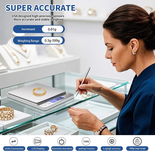 Gram Scale Small Digital Food Scale, 500g by 0.01Gram/0.001Ounce, Accurate Weighting, Multifunction Kitchen Scale for Jewelry/Baking/Soap, 9 Units, Tare Function, LCD Display, Including Battery