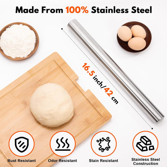 Rolling Pins for Baking 304 Stainless Steel Dough Roller Perfect Baking Supplies Kitchen Essentials for Baking, Fondant, Pizza Dough Roller, Dumpling