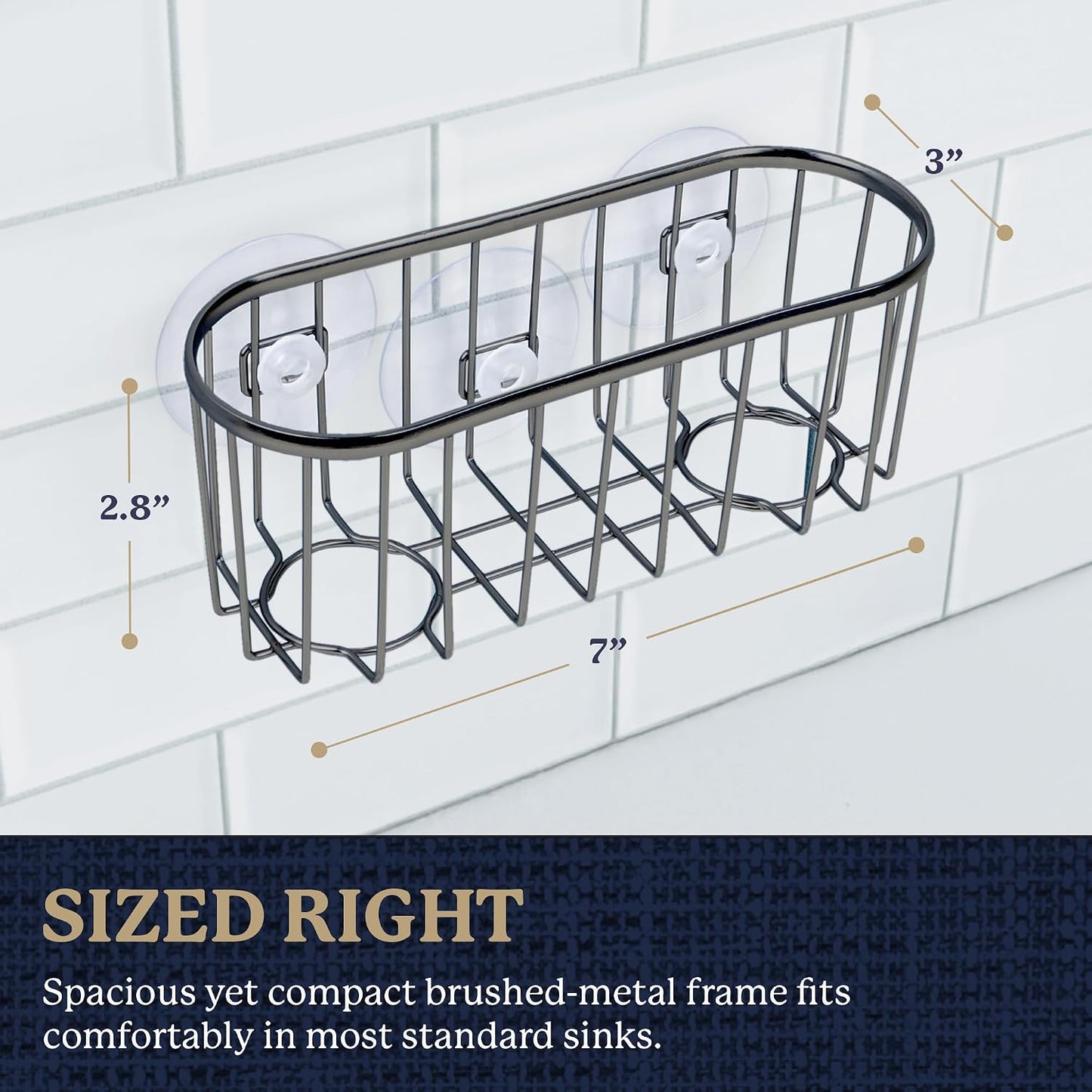 Farberware Metal Sponge Holder for Kitchen Sink, 7.13"x2.88"x3" | Triple suction cups grip steel, glass, or tile, open frame helps dry sponges faster, holds soap and brushes too