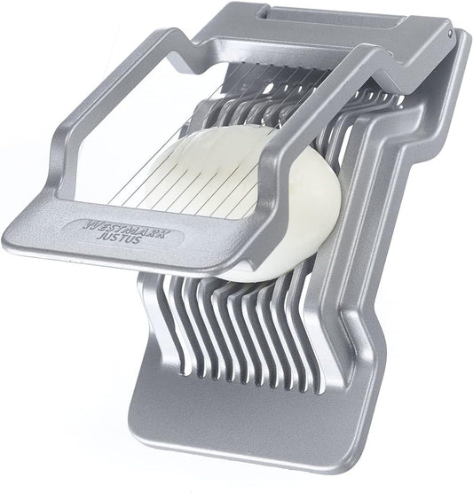 Egg Slicer Justus for Hard Boiled Eggs with Individually Tensioned Stainless Steel Wire Cutters, German Heavy Duty Aluminium Slicer for Round & Oval Eggs, Dishwasher Safe, Grey