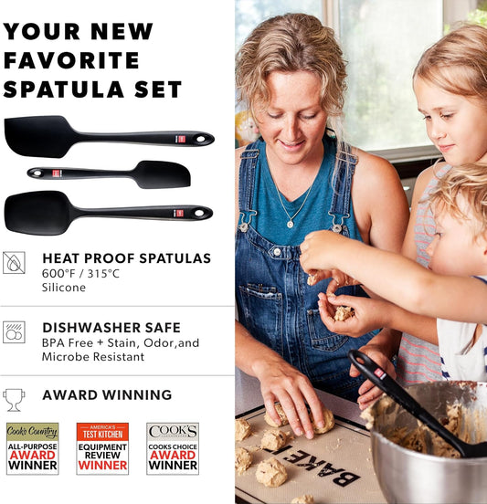 Silicone Spatula Set - Rubber Kitchen Spatulas for Baking, Cooking, & Mixing - 600°F Heat-Resistant & BPA Free Silicone Scraper Spatulas for Nonstick Cookware - Dishwasher Safe (3pc, Black)
