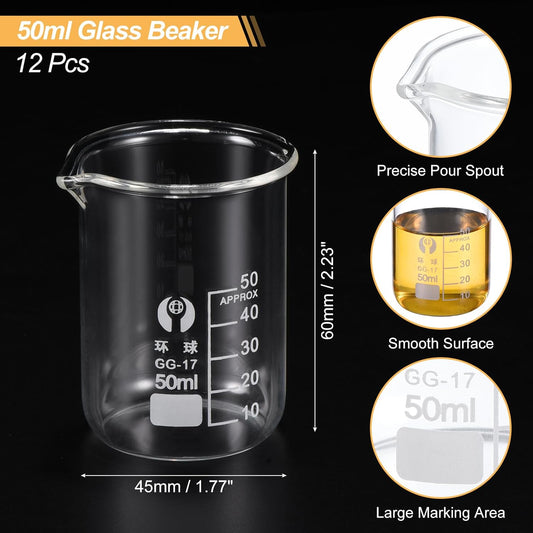 50ml Low Form Glass Beaker, 12 Pack 3.3 Borosilicate Glass Graduated Printed Scale Measuring Cups with Spout for Kitchen Lab Liquids