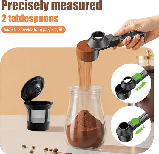 Coffee Scoop for Reusable K Cup: Funnel Easy Filling Coffee Pods | Easy Filling with Less Mess - 2 Tablespoon Scoop with Sliding Leveler and Integrated Funnel for Cleaner and Faster Refilling