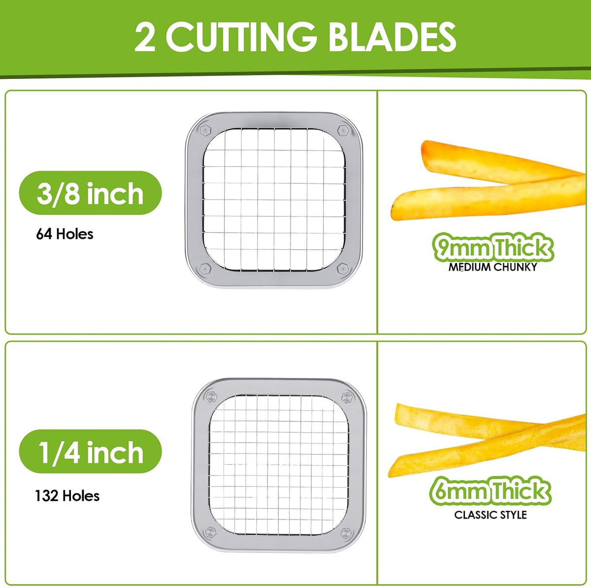 Manual French Fry Cutter for Potatoes with Interchangeable Blades, Handheld Stainless Steel Potato Slicer and Fries Cutter for Home and Commercial Use (1/2'' & 3/8'' Blade)