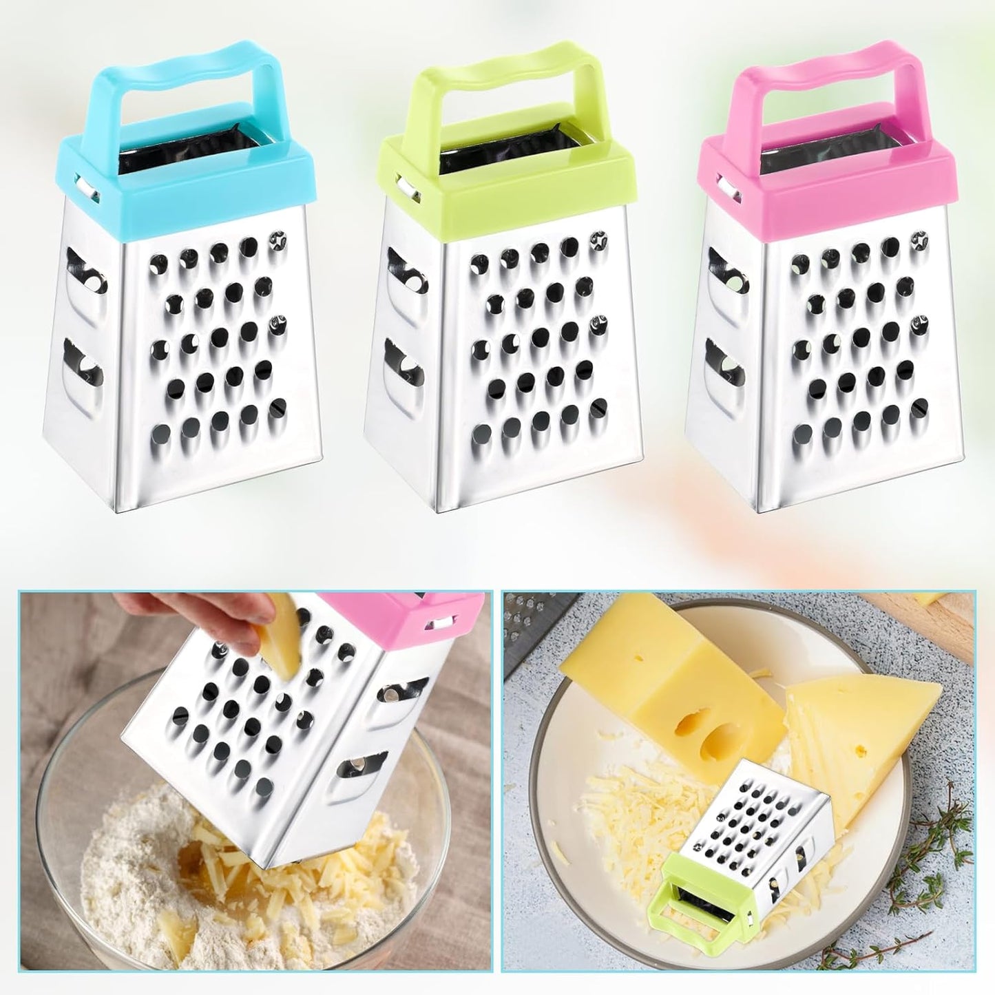 3Pcs Mini Grater, Small Cheese Grater Stainless Steel Box Grater with Handle Efficient Kitchen Gadget for Grating Garlic Nutmeg Chocolate Parmesan Dishwasher Safe,1.02x1.45in