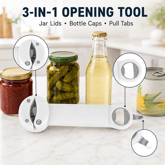 3 in 1 Adjustable Jar Opener for Tight Lids, Retractable Stainless Steel Grip Teeth, Bottle Cap & Pop Tab Opener, Easy Grip Kitchen Lid Remover Tool