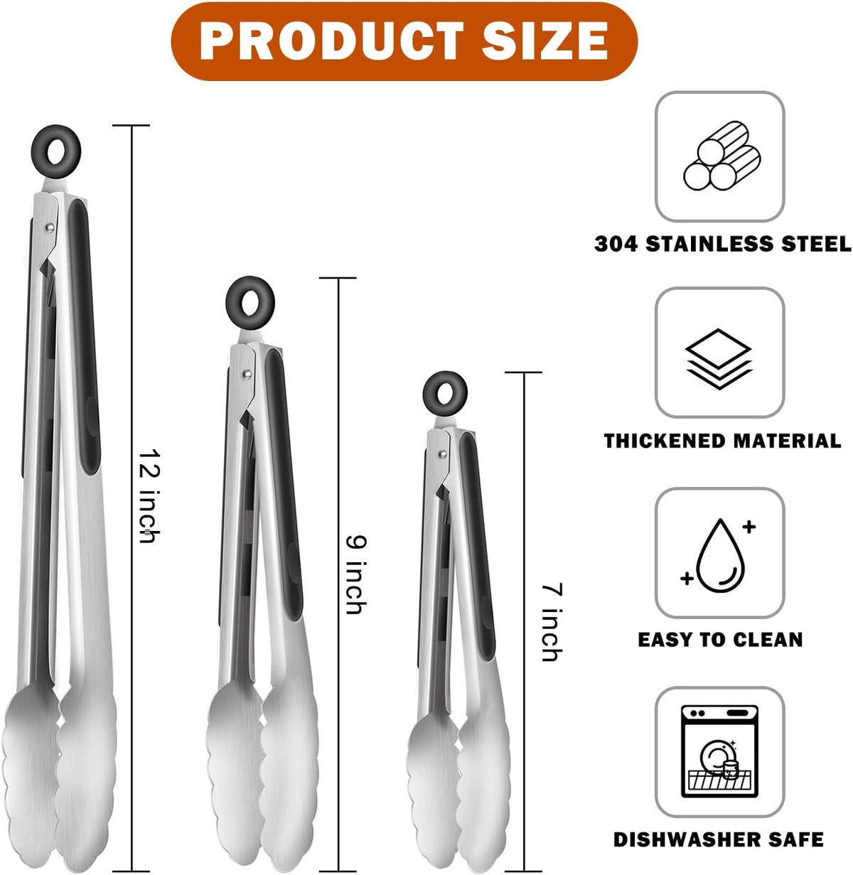 Stainless Steel Kitchen Tongs, Silicone Non-slip Grip, Locking Grilling Food Tongs Set of 2, 9-inch & 12-inch