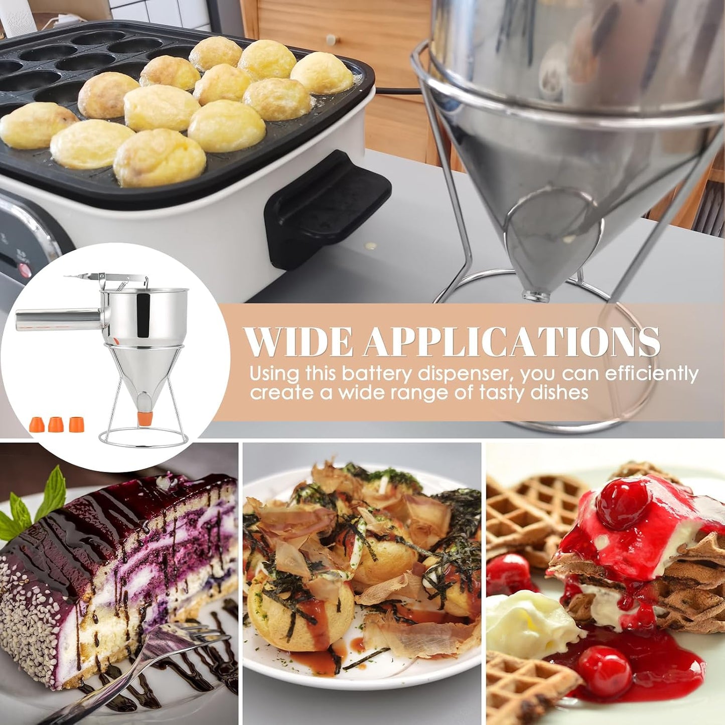 20oz Stainless Steel Pancake Batter Dispenser, 600ml Stand | Piston Funnel Dispenser with Stand for Pancakes, Waffles, Cupcakes, Takoyaki, Chocolate, Baking & Commercial Use