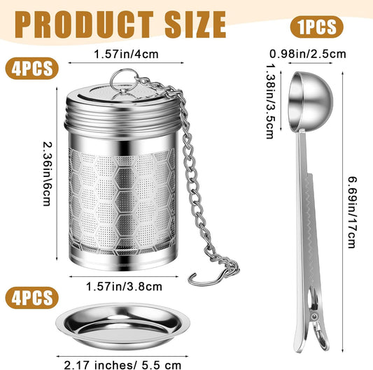 4 Pcs Tea Infuser Strainers for Loose Tea with Scoop, Extra Fine Mesh Steeper 304 Stainless Steel Diffuser Leaf Holder with Extended Chain Hook for Brew, Spices, Seasoning, Silver