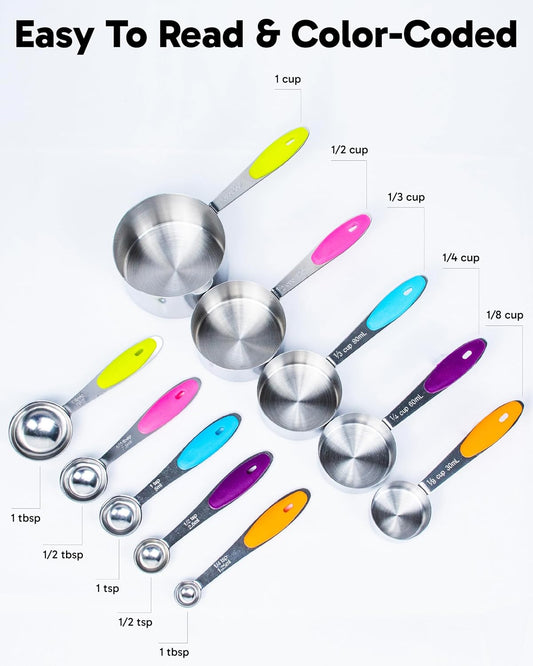 ® Measuring Cups and Spoons Set of 10 - Stainless Steel Metal Measuring Cups Set for Cooking and Baking, Heavy Duty Stackable Measuring Set with Colorful Silicone Handles, Dishwasher Safe