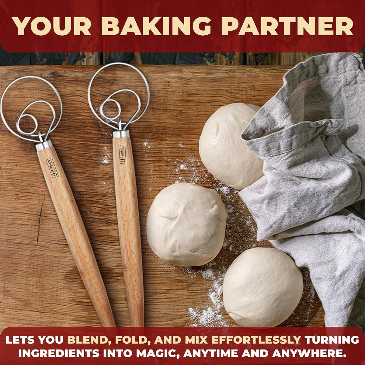 Premium Danish Dough Whisk - Dutch Whisk with Stainless Steel Ring - Danish Whisk for Bread, Pastry or Pizza Dough, 13-inch 1-PACK